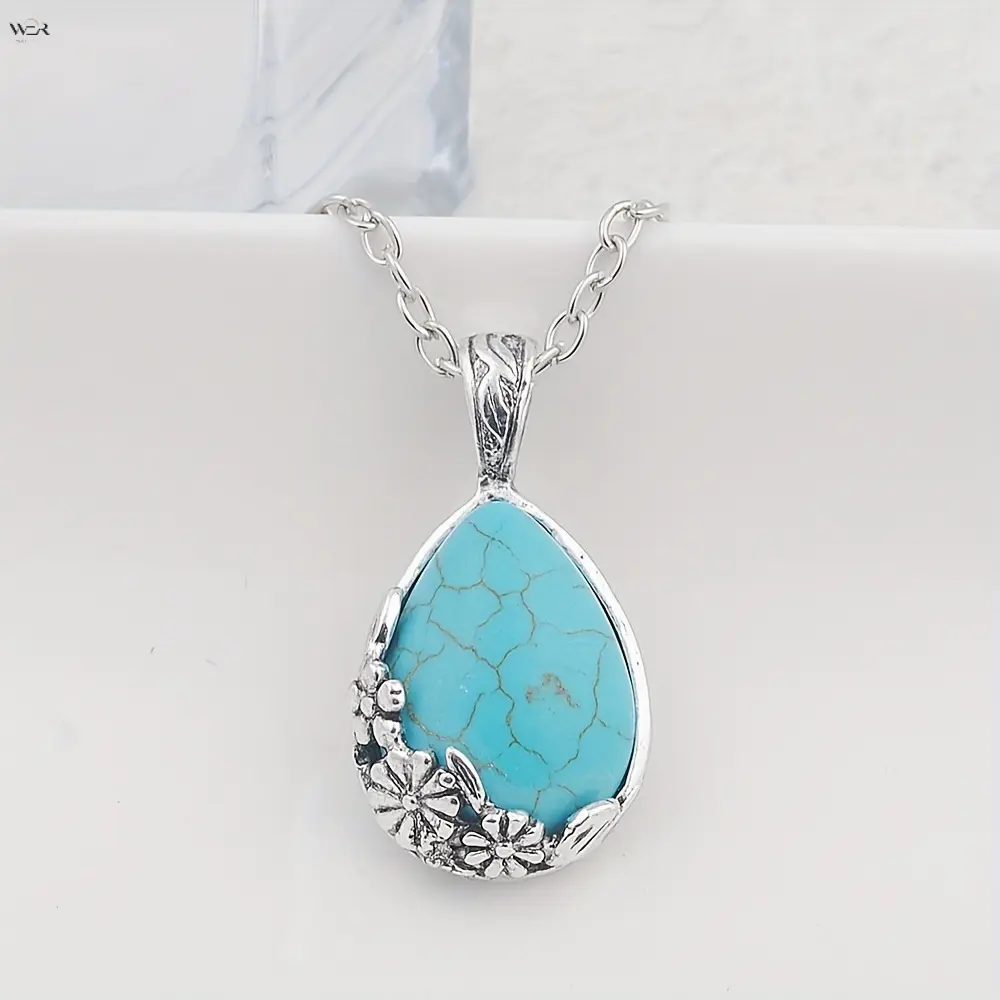 Bohemian Teardrop Turquoise Pendant Necklace for Women, Retro Antique Silver Floral Carved Frame Necklace, 42cm+5.5cm Adjustable Chain Vintage Nature Stone Statement Necklace for Daily Party Holiday Jewelry Gift