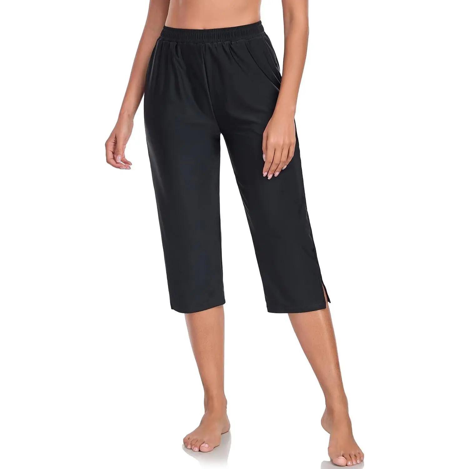 Women's 18" High Waisted Swim Capris Pants Beach Pant with Pockets | Long Bathing Suit Bottoms, Under Knee, Quick Dry Beach Pants, Side Slits, 2 Side Pockets, Built-in Brief Bottom, Loose Fit
