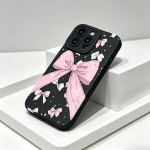 Soft Silicone Protective Phone Case for iPhone 11-17, Air/Pro Max - Black Base with Pink Big Bow, White Mini Bow Print, Sparkle Dots, Girly Coquette Shockproof Cover, Trendy TikTok Viral Accessory fashionable high-end