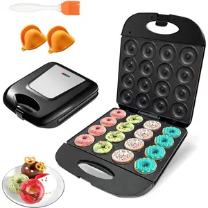 Mini Donut Maker Machine for Home, Kid-Friendly 16-Hole Electric Doughnut and Pancake Maker with Non-Stick Surface, Ideal for Homemade Doughnuts Black with Mini Oven Gloves & Brush