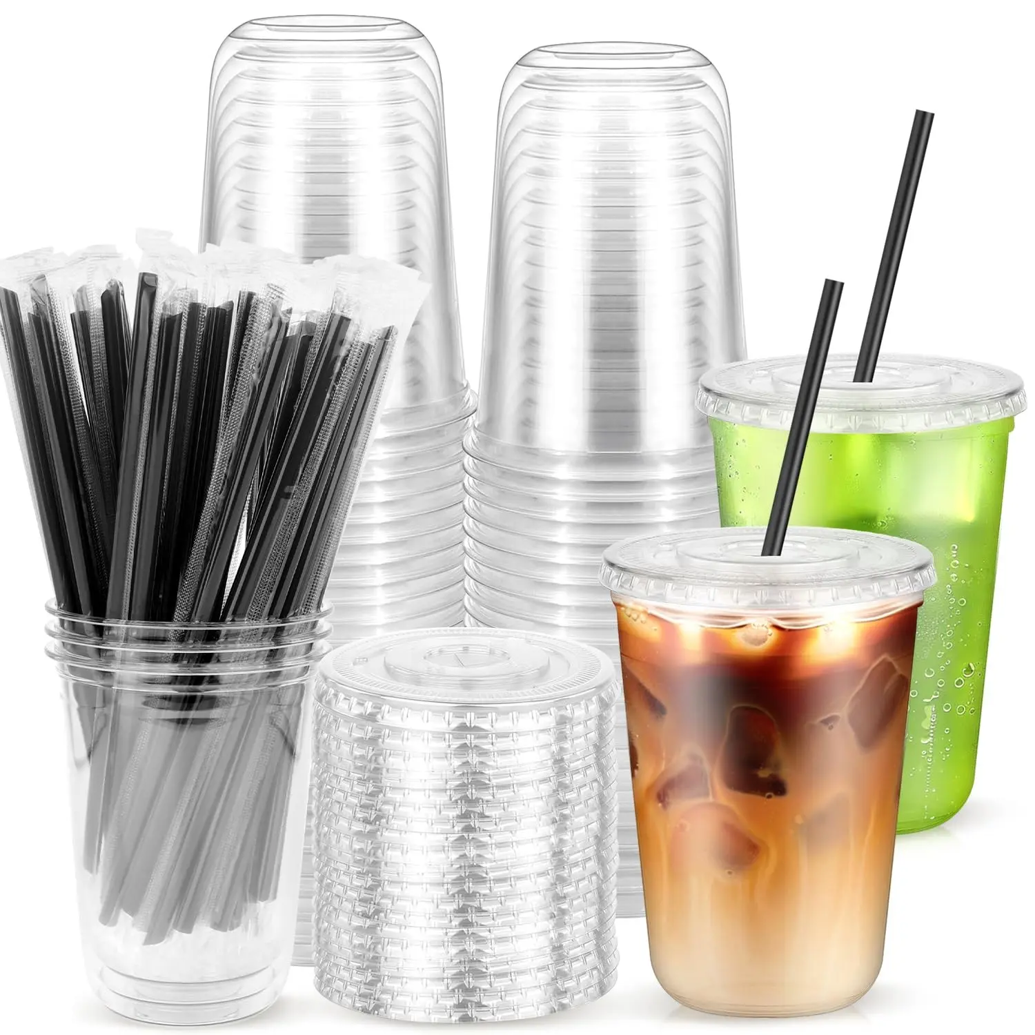 300 Piece Set Disposable Cups, 16oz Plastic Cup with Lid, Leak-Proof Straw, Transparent Ice Coffee Juice Cup, Party Drinkware