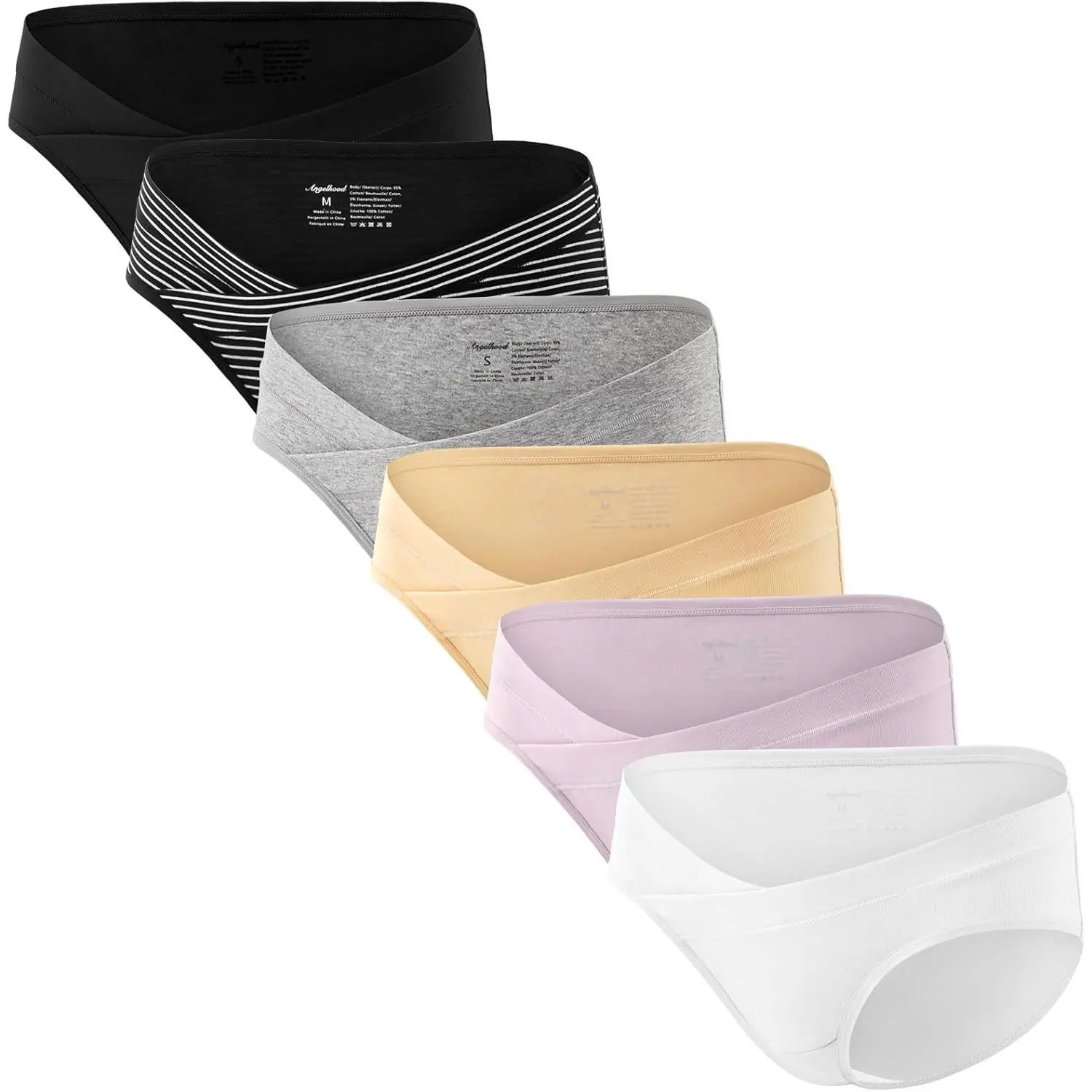 Women's 6-Pack Cotton Blend Low-Rise Prenatal Underwear - Breathable, Seamless Solid Plain Briefs with V-Shape Elastane Under-the-Bump Design for Bump-Friendly Outfits