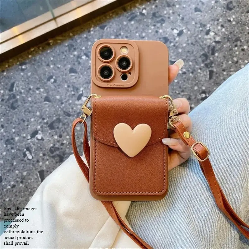 Cute Crossbody Lanyard Necklace Strap Card Holder Phone Case For iPhone 17 11 12 13 16 15 Pro Max X XR 14 Plus 3D Love Heart Cover