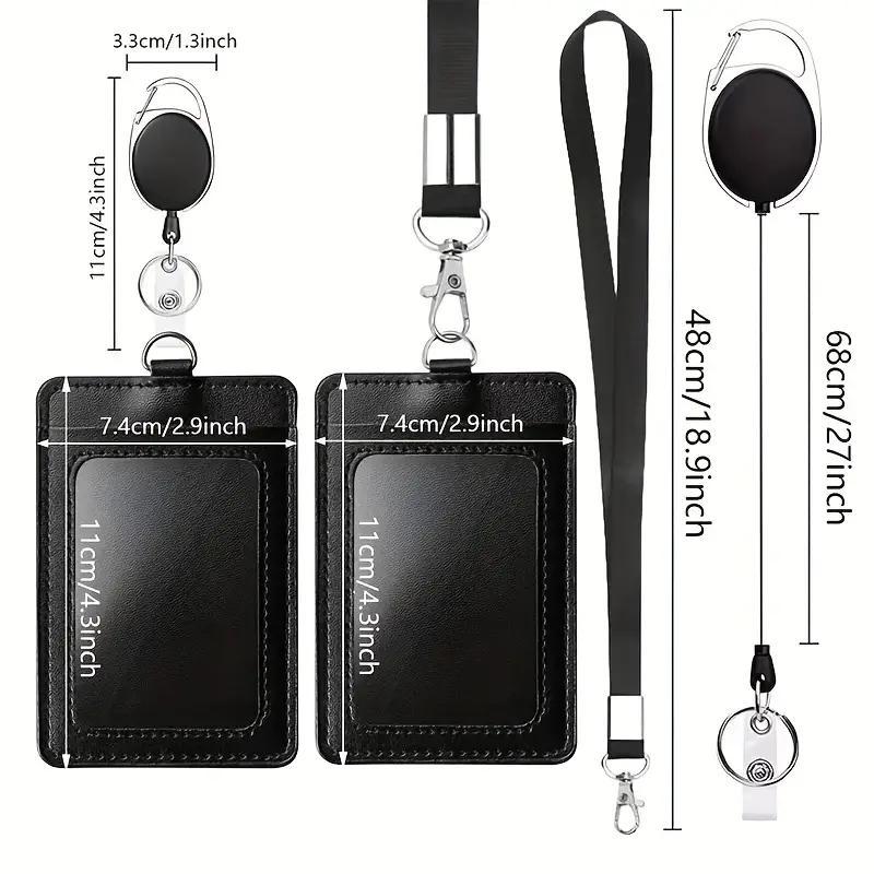 2 Pack PU Leather ID Badge Holders with Detachable Neck Lanyard, Retractable Keychain and Retractable Badge Reel, Convenient ID Card Holder Set for Daily Use