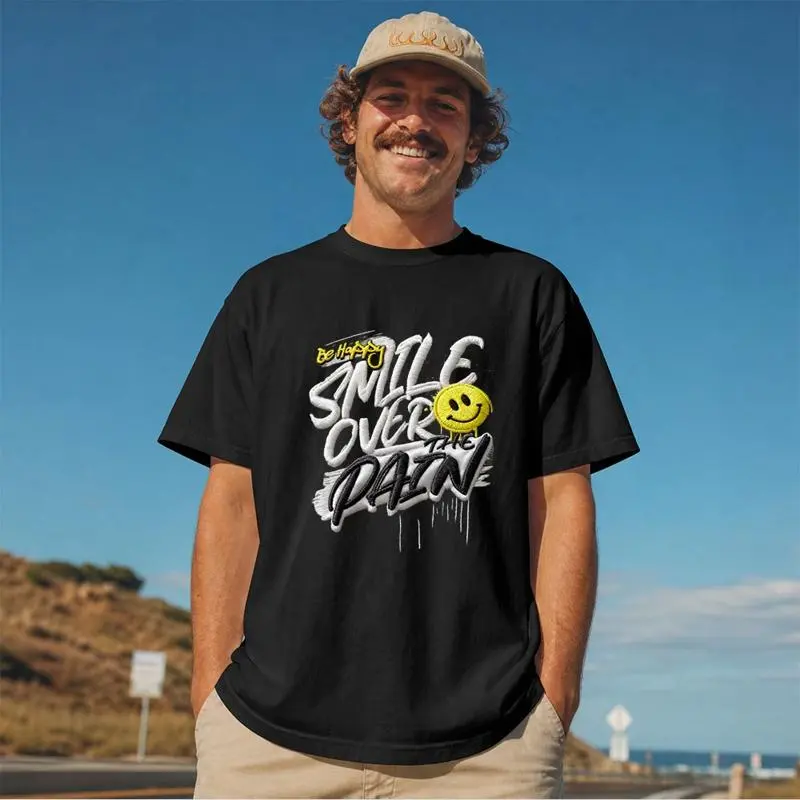 Unisex Cotton Short Sleeve T-Shirt, "Be Happy"  "SMILE OVER THE PAIN" Graphic Print with Cute Smiley Design, Multiple Specifications Available, Comfortable Casual Top for Daily Outdoor Wear