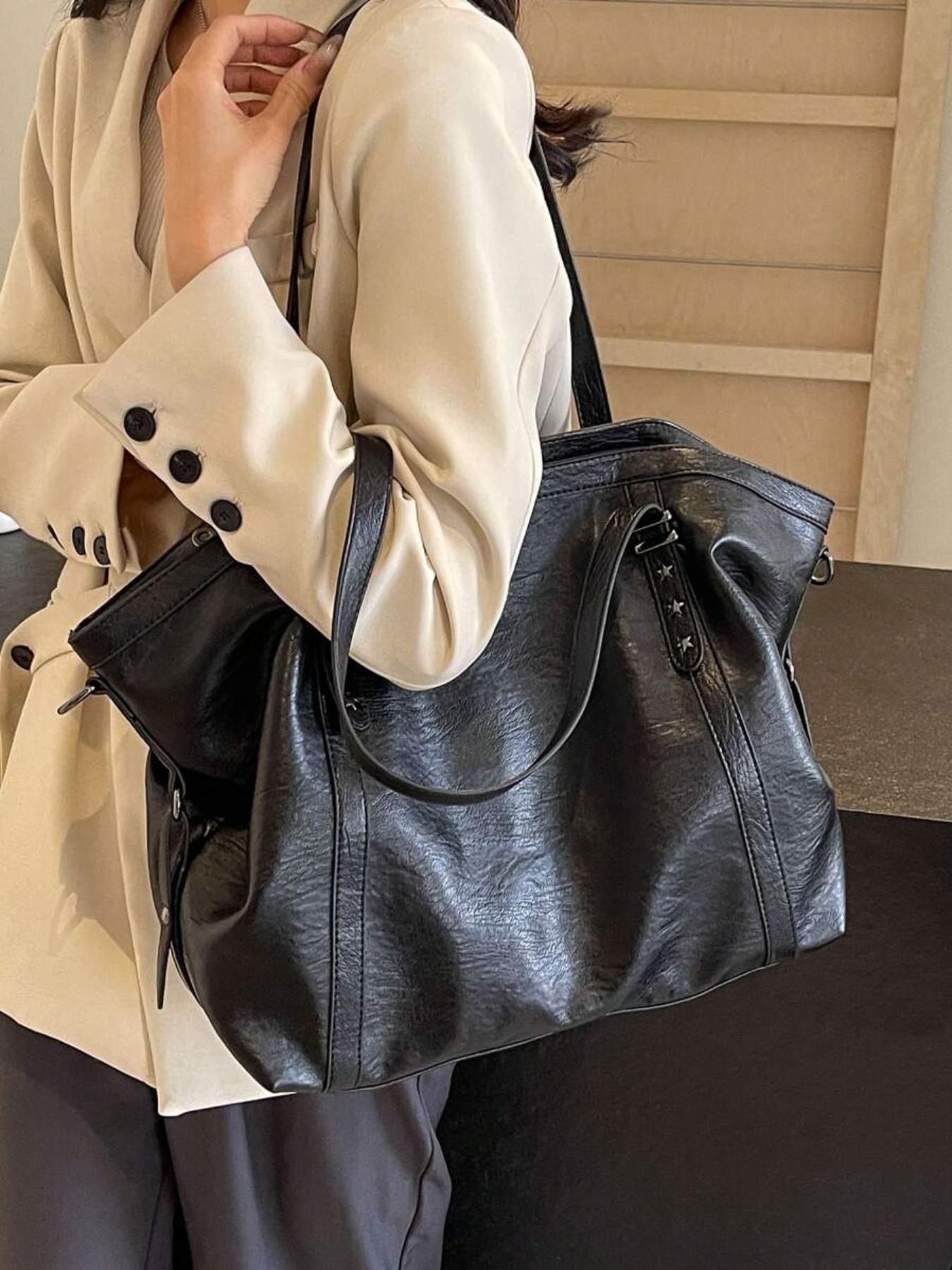 Women's Elegant Solid Color Tote Bag, Fashionable Large Capacity Star Detail Shoulder Bag for Daily Used, Casual Trendy Versatile Commuter Messenger Bag, Pu Tote Satchel