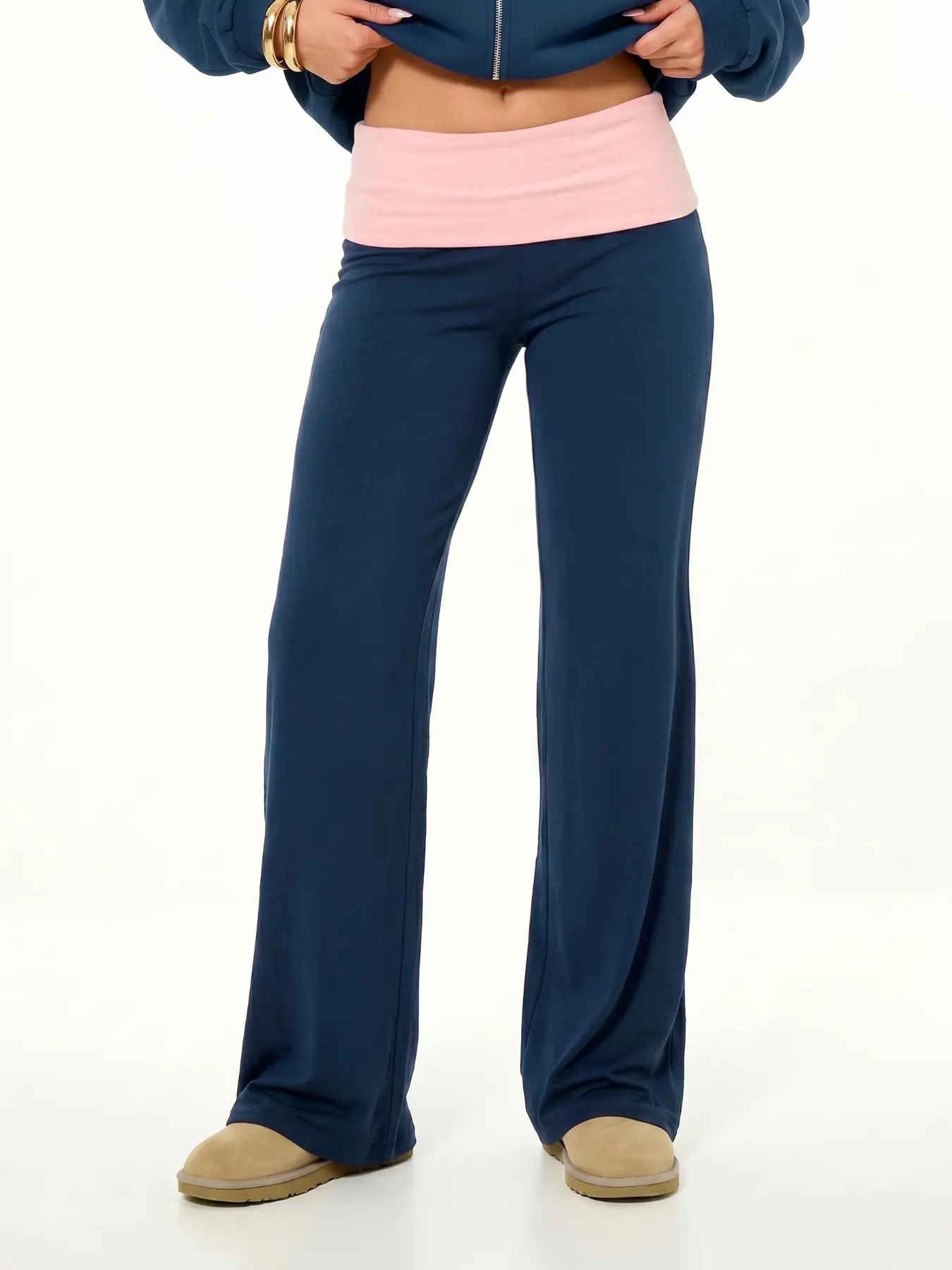 Navy Blue Contrast Pink Fold Over Waist Flare Leg Pants For Women, Soft Stretch Slim Bootcut Trousers, Minimalist Casual Bottoms For Daily Lounge Autumn Street Going Out Wear