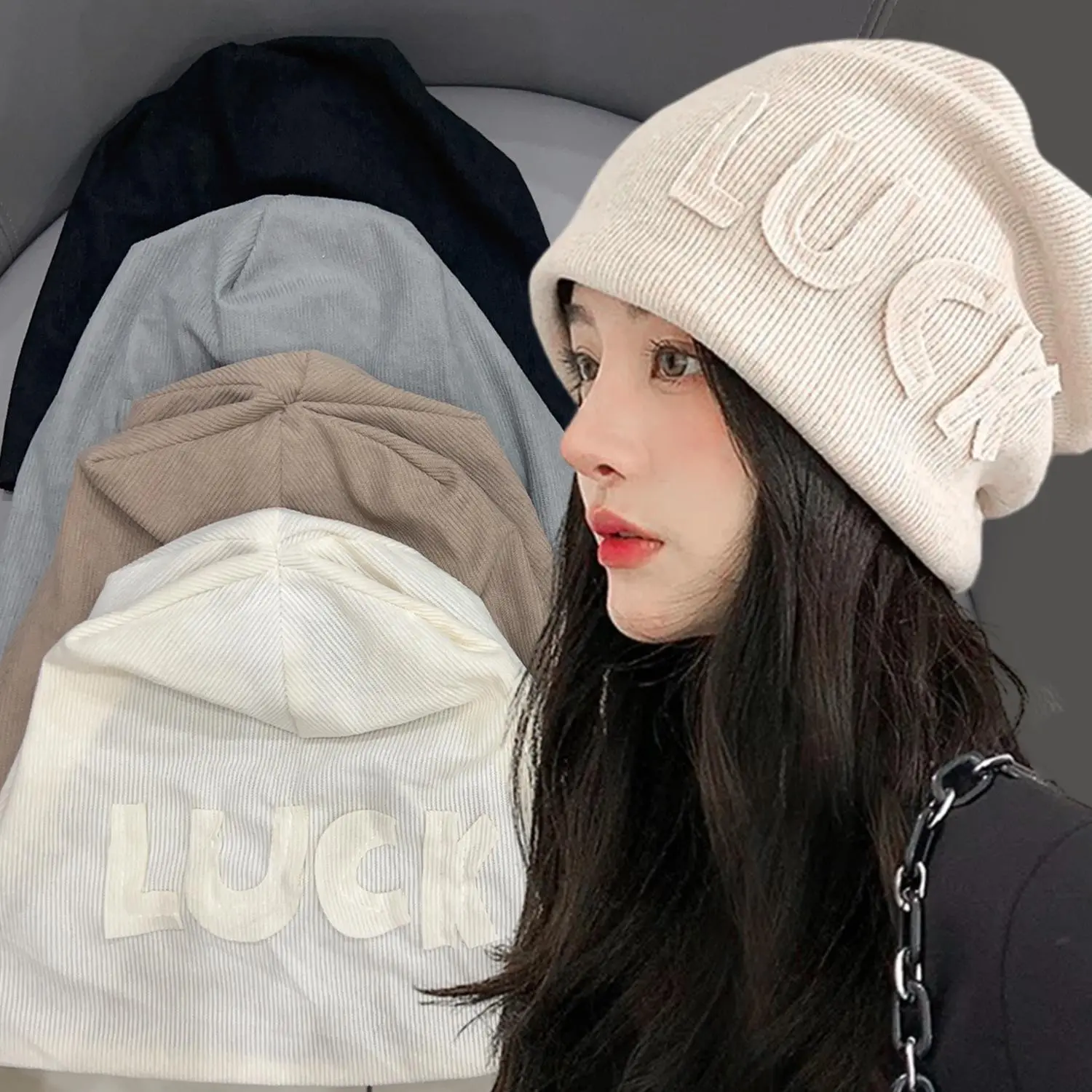 Thicken Beanies Hats for Women Girls Warm Y2K Solid Luck Baggy Knitted Skullies Hat Outdoor Coldproof Beanies Plush Caps Gorros