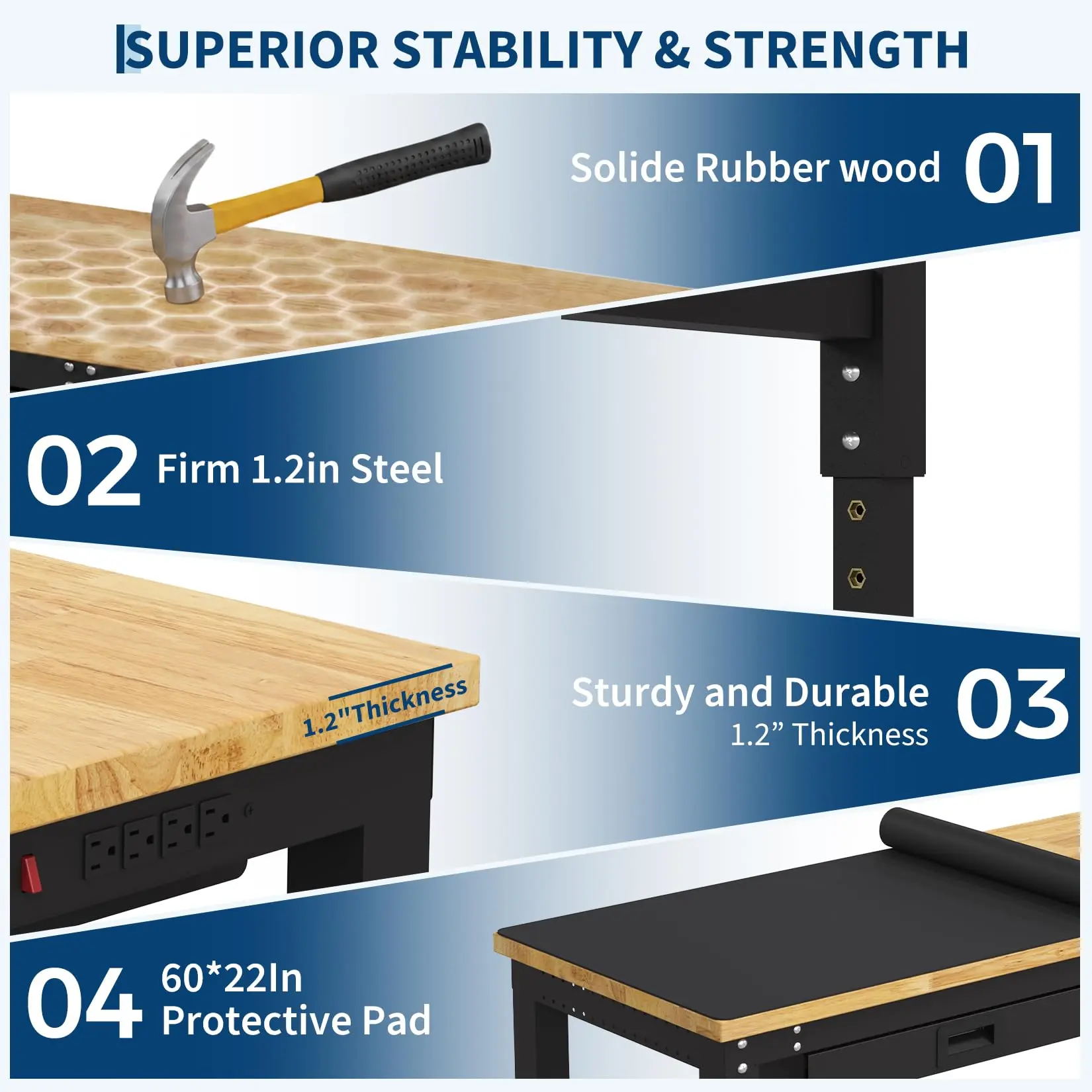 Garvee 60-Inch Heavy Duty Adjustable Workbench, Rubber Wood & Steel, 3000 LBS Capacity, Drawers, Pegboard & Power Outlets, Garage Workshop Storage
