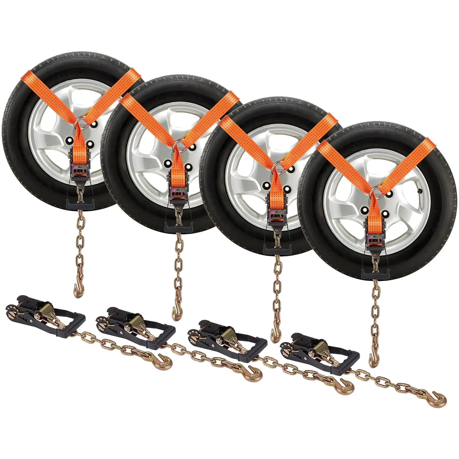 VEVOR Polyester Car Tie Down Straps with Chain Anchors, 2"x120" Lasso-Style Tire Straps, 5865 LBS Working Load, 11023 LBS Breaking Strength, Rustproof Heavy-Duty Ratchets, Snap Hooks, 4-Pack for Truck, ATV