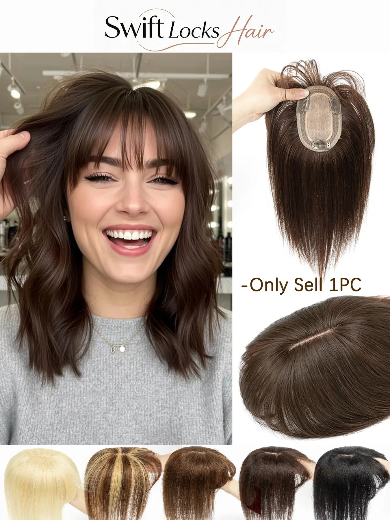 Real Human Hair Topper For Women, High-Quality Clip-In Extensions, Ideal for Thin Balding Crown, 8x12cm Mesh, Natural Breathable, 360° Coverage