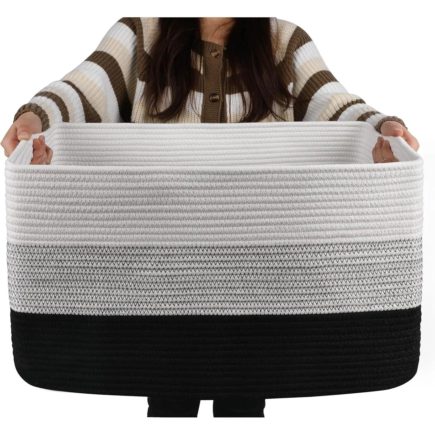 Large Blanket Basket, 22”x17”x12” Rectangle Woven Baskets, Nursery Blanket Storage Living Room, Toy Storage With Handle, Large Baskets for Organizing-Gradient Black
