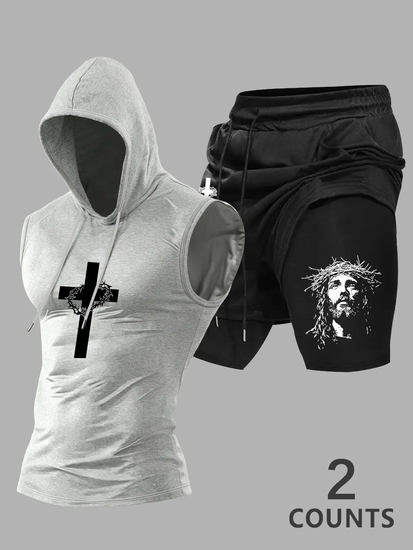 Men's Workout 2-Piece Set, Cross & Jesus Print Sleeveless Hoodie Tank Top + Shorts, Gym Training Streetwear Outfit, Gym Outfits