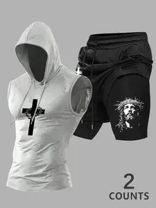 Men's Workout 2-Piece Set, Cross & Jesus Print Sleeveless Hoodie Tank Top + Shorts, Gym Training Streetwear Outfit, Gym Outfits