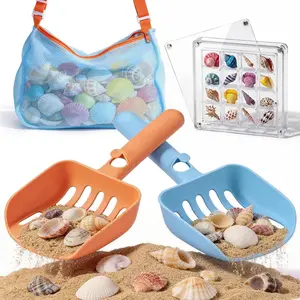 2 Pack Beach Sand Sifter with Seashell Bags & Shell Display Case, Beach Toys for Kids Beach Seashell Collecting, Seashell Beach Shovels for Boys and Girls