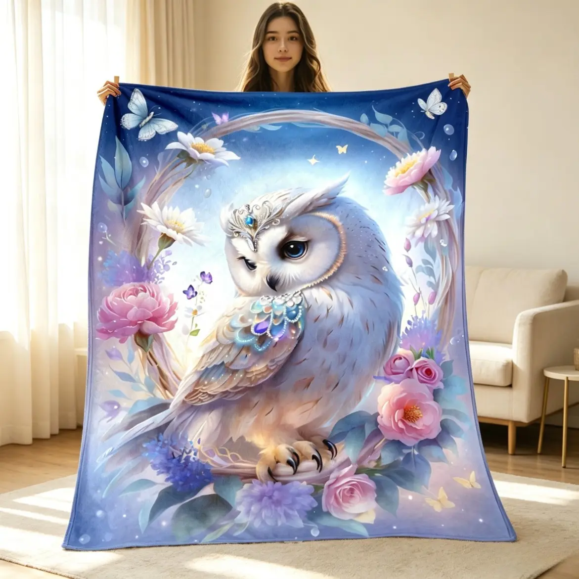 White Owl Flannel Throw Blanket, High-Definition Printed Cozy Soft Blanket, Lightweight Warm All-Season Blanket for Sofa Couch Bed Chair Living Room, Travel Camping Home Decor, Perfect Gift for Family & Friends