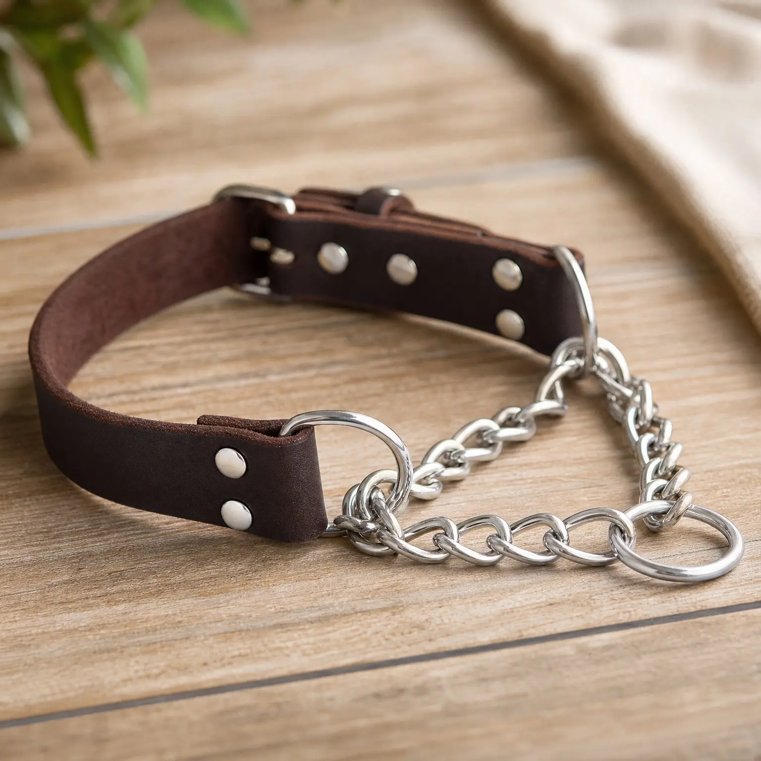 Martingale Dog Collar - No Pull Design - Stainless Steel Chain - Limited Chain Cinch Training - Brown Leather - Medium SizeGift