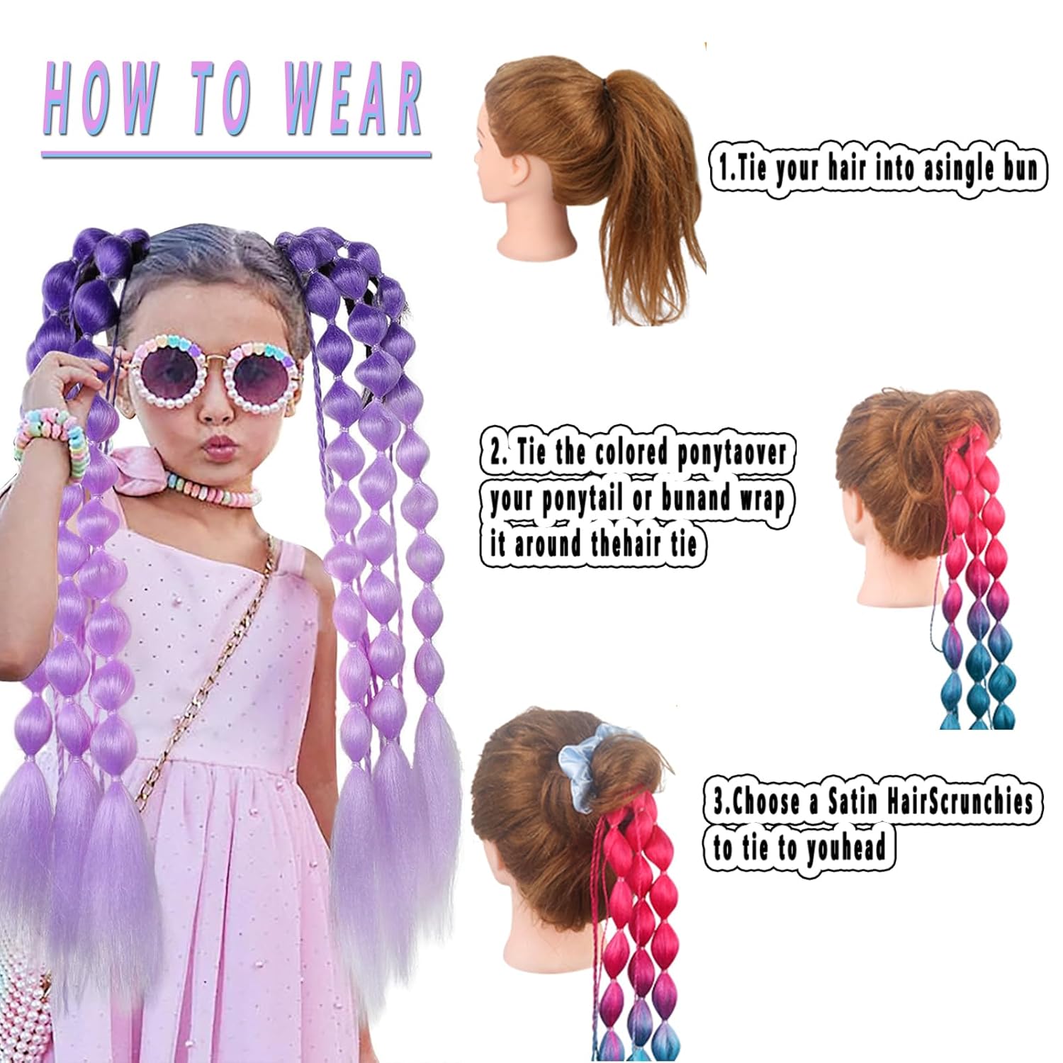 Colored Hair Extensions 24 Inch Lightweight Bubble Ponytail Extensions with Hair Tie 1pcs Colorful Hair Extensions for Women Crazy Hair Day Accessories Festival Party Rave (Black to Pink)