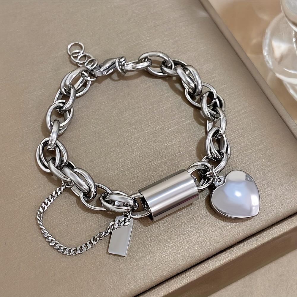 Stainless Steel Bracelet with Thick Chain & Heart Pendant - Heavy Duty Wrist Suitable for New Year's & Valentine's Gifts