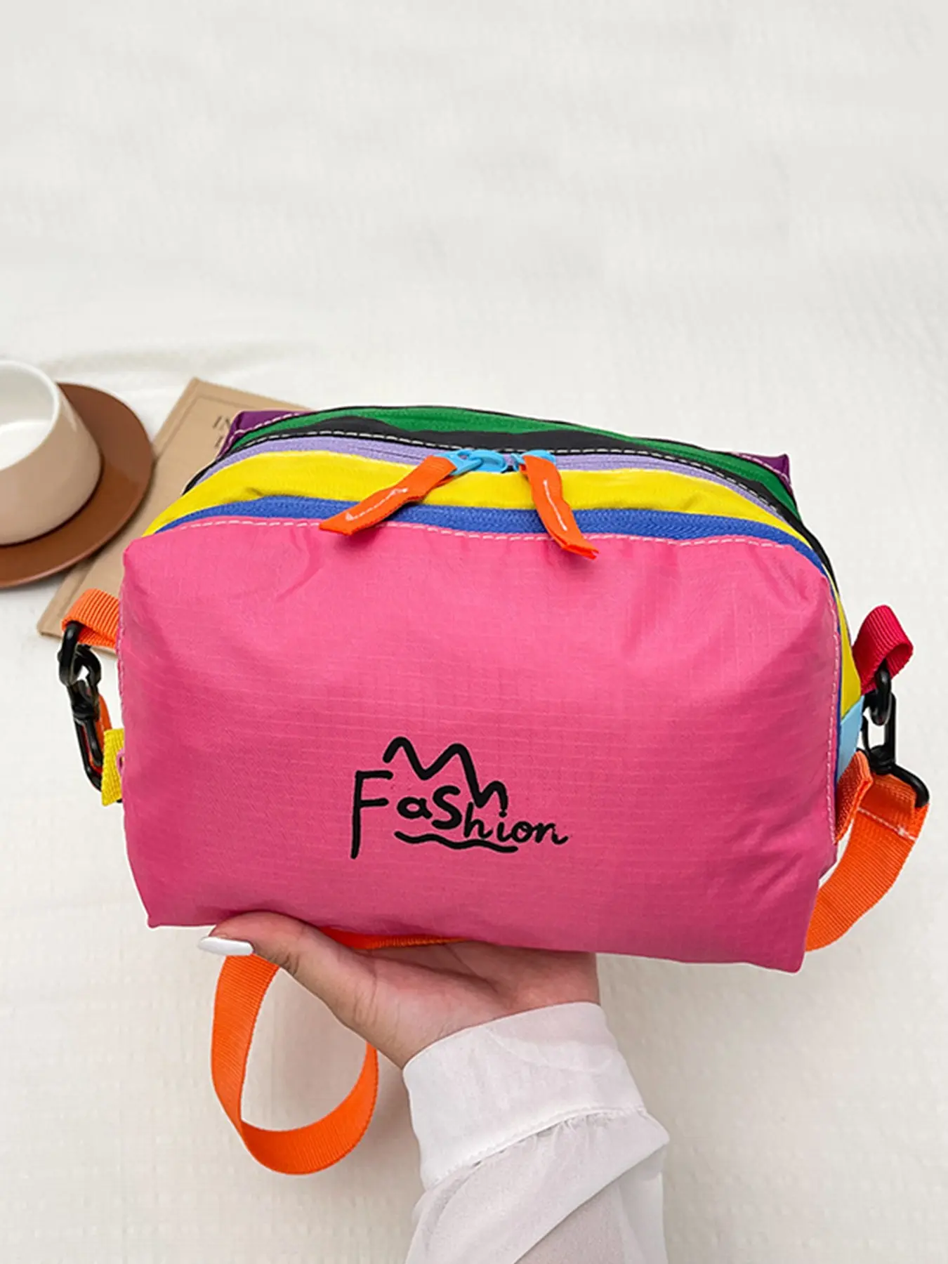 Macaron Color Multi Zipper Polyester Crossbody Bag, Lightweight Fashion Print Color Block Adjustable Strap Shoulder Sling Bag for Daily Outdoor Travel