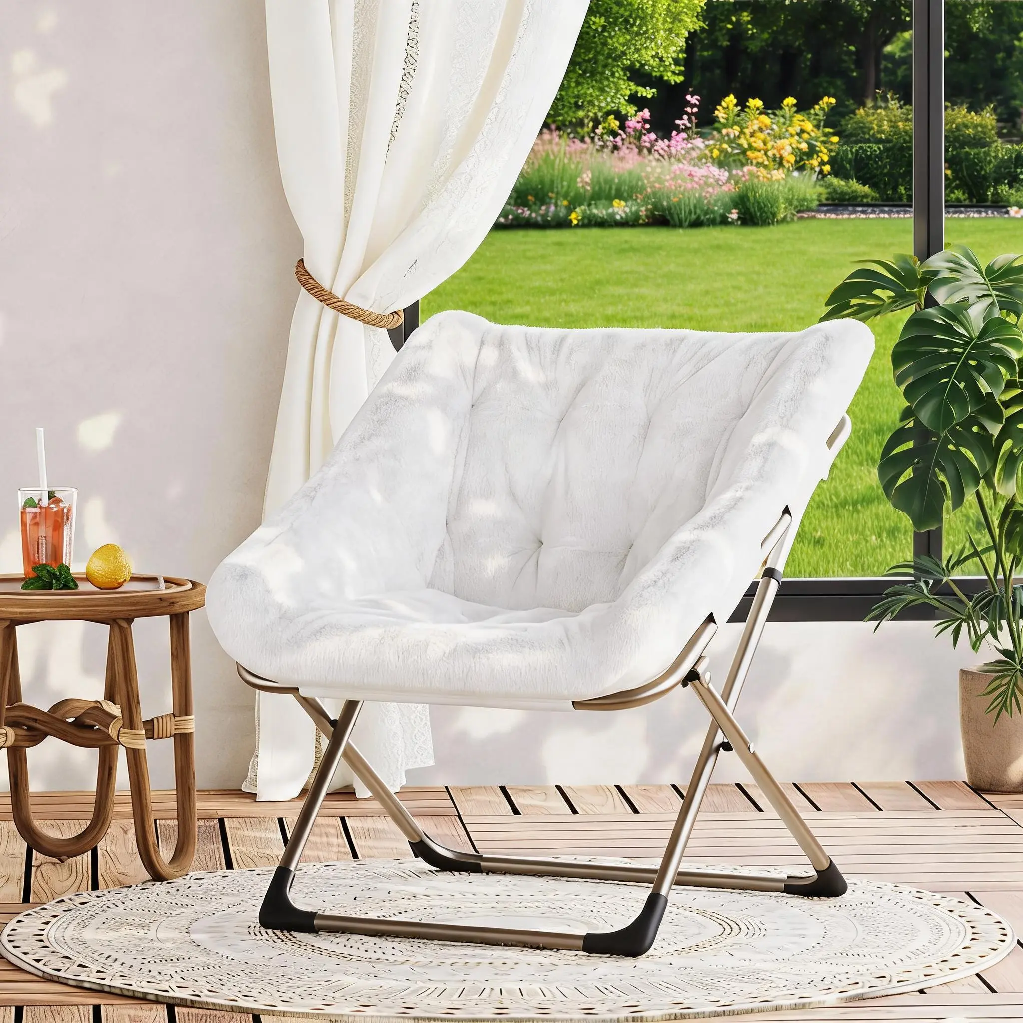 Garvee Collapsible Faux Fur Lazy Chair With Sturdy Metal Frame 300 lb Load Bearing No Assembly Needed Space Saving Lounge Chair For Indoor Rest In Bedroom Dorm Apartment Living Room