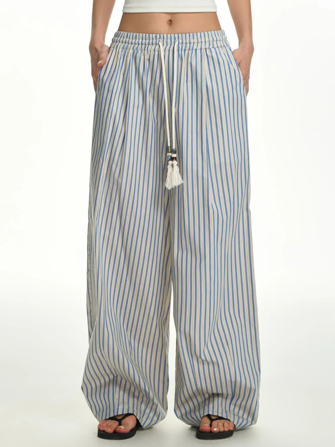 Women's Beach Casual Vacation Beaded Loose Striped Long Pants, Comfortable and Stylish, Perfect for Relaxing at the Shoreline