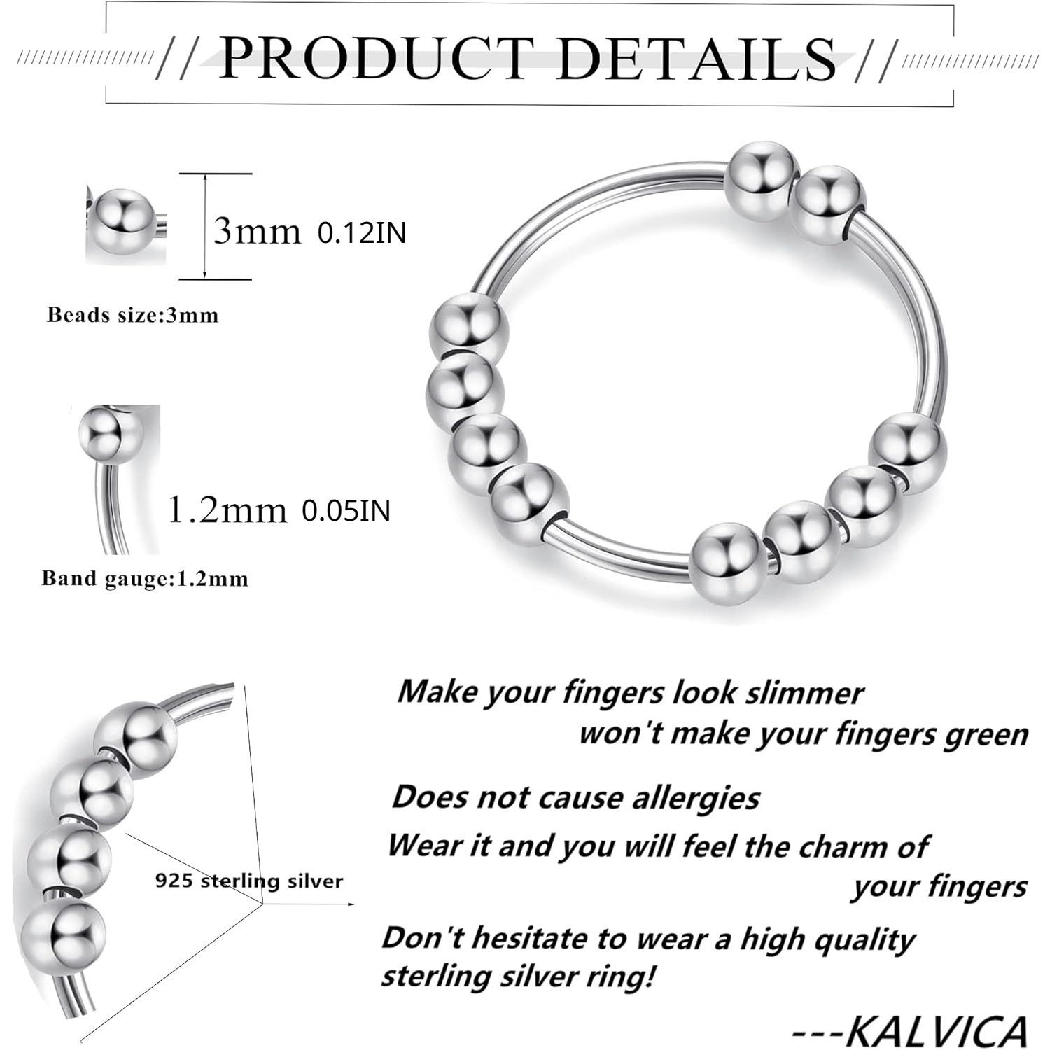 MILACOLATO 2 Pcs 925 Sterling Silver Anxiety Rings for Women & Men with Pearl Anti-Stress Ring Set - Stackable Fidget Rotating Ring Set