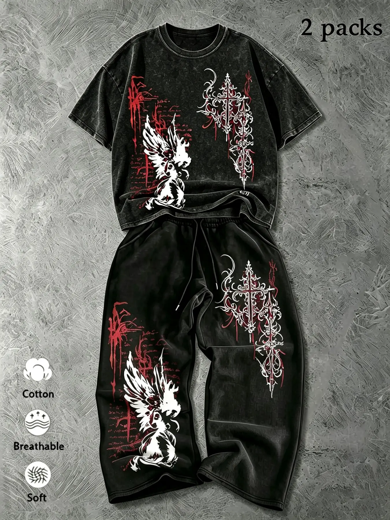 Dark Retro Streetwear Washed Vintage Gothic Angel Cross Bloodstain Print Short Sleeve Tee + Wide Leg Casual Sweatpants Set