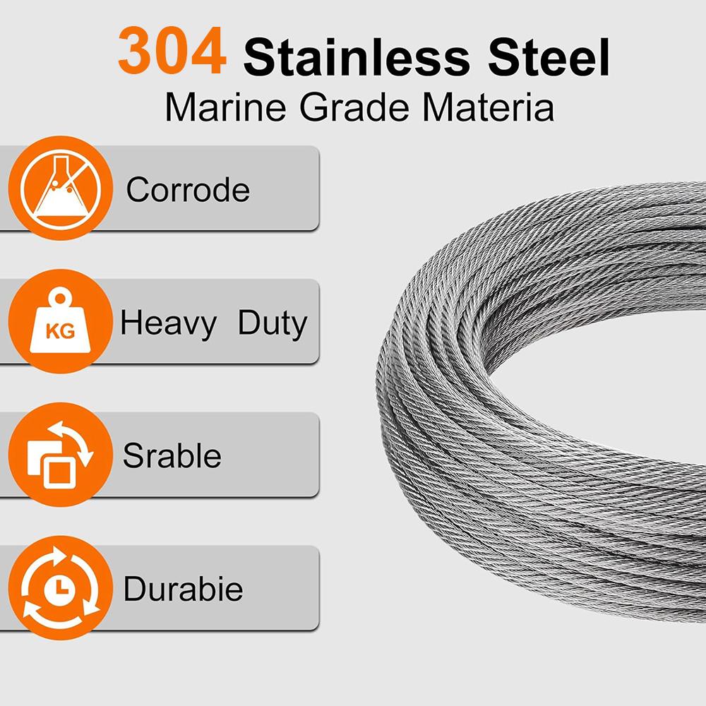 393.7inch Wire Rope 304 Stainless Steel Cable Aircraft Cable 1.2/1.5/2.0mm Wire Rope With Buckle Clip 7x7 Stainless Steel Strand Core And Double Barrel Ferrule Perfect For Outdoor Hanging, Clothes Line Wires, Garden Fence