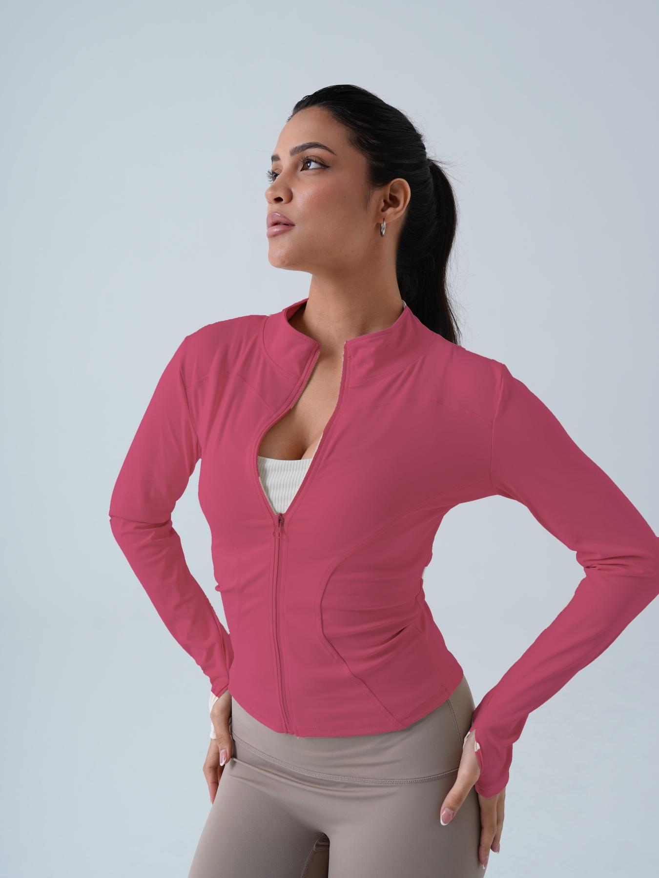 Women's Solid Zip-Up Sports Jacket, Sporty Long Sleeve Outerwear for Women, Ladies Sportswear for Indoor and Outdoor Wear