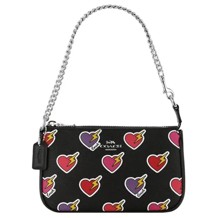COACH Heart Lightning Print Coated Canvas and Recycled Leather Handbag for Women, Small Size, Black