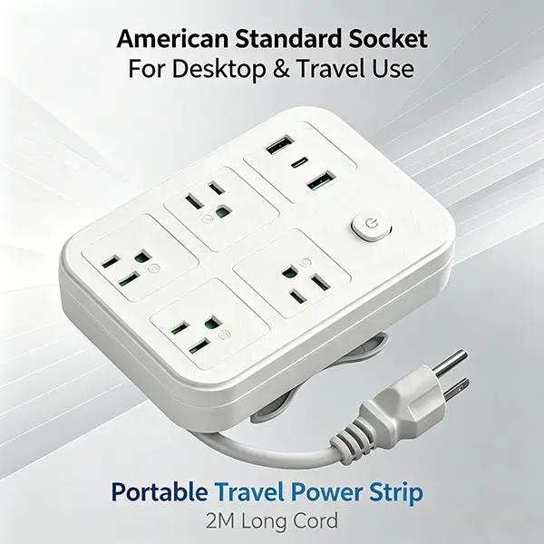 Multi Plug Outlet Extender Stick, Surge Guard Desktop Travel Power Strip with Universal Sockets, 4 Outlets, Fast-Charging USB/USB-C Ports, 2M Cord, On/Off Switch, 2500W for Desktop Organization & Trips