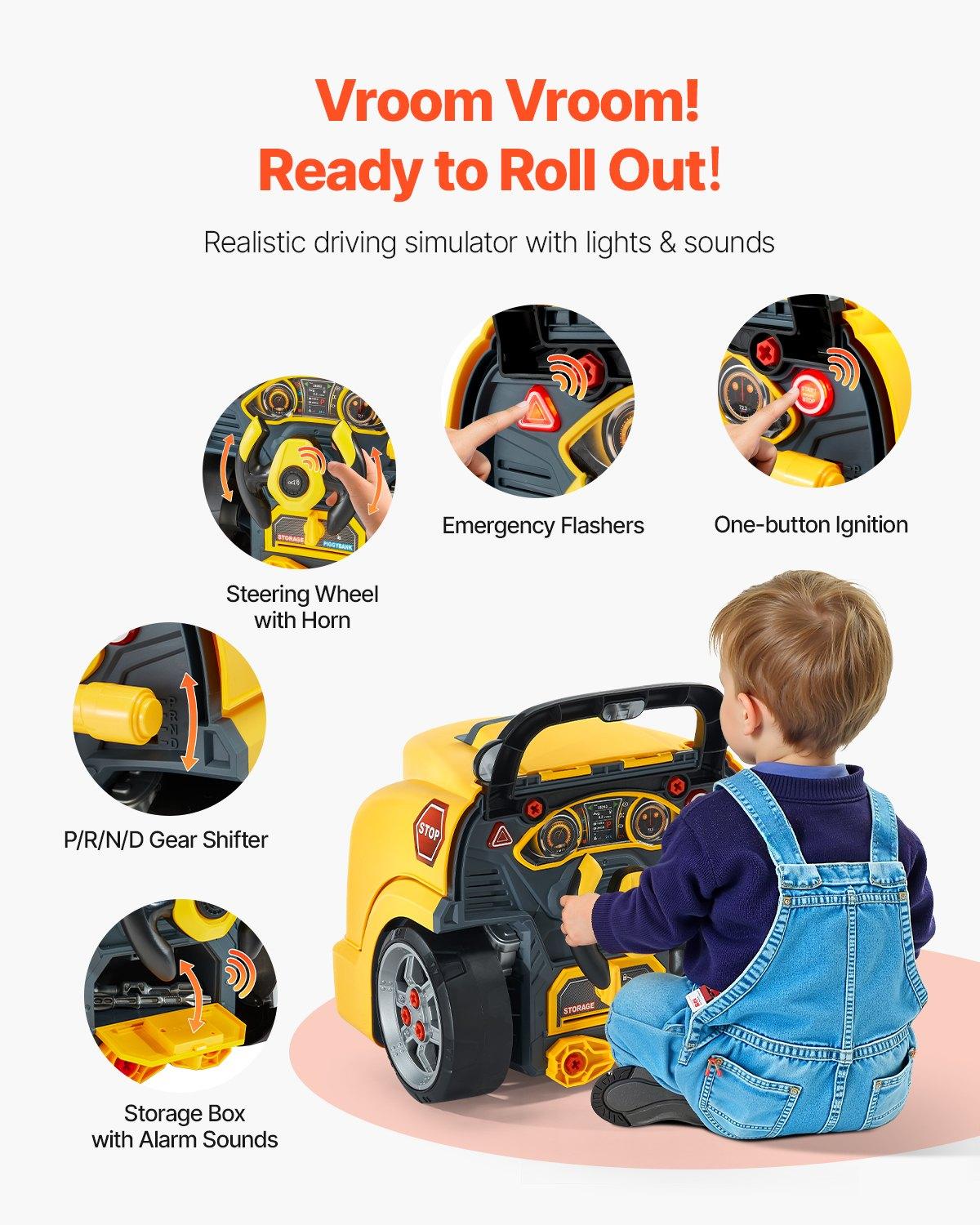 VEVOR Engine Toy, 60 Pieces, Kids Mechanic Car Repair Set with Removable Parts, Lights and Sounds, Steering Wheel and Horn, Kids Mechanic Workshop Set for Toddler Ages 3 Years and Up, Yellow