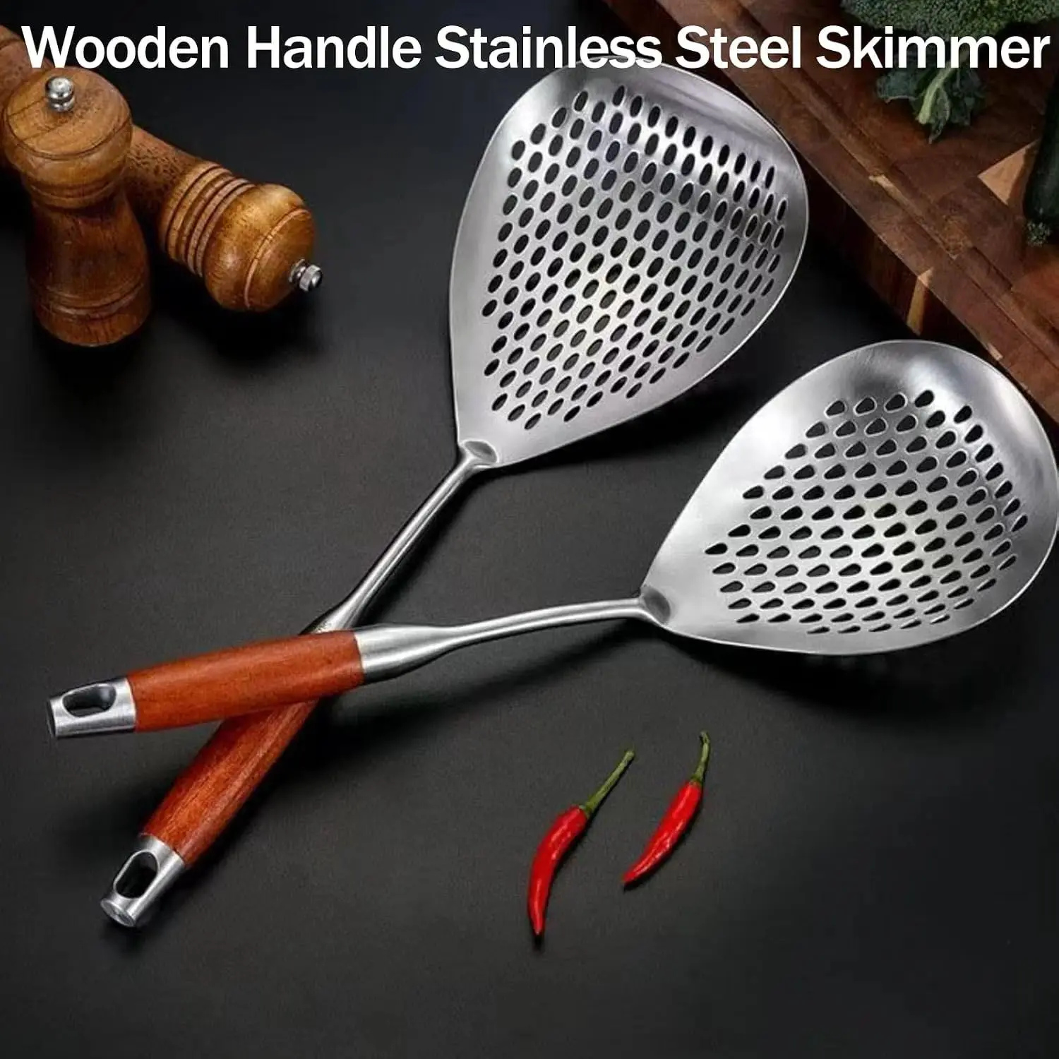 Stainless Steel Spider Strainer with Wooden Handle, Slotted Skimmer Spoon for Deep Frying, Boiling & Fast Oil Draining, Heat-Resistant Long Handle, 1PC Hanging Kitchen