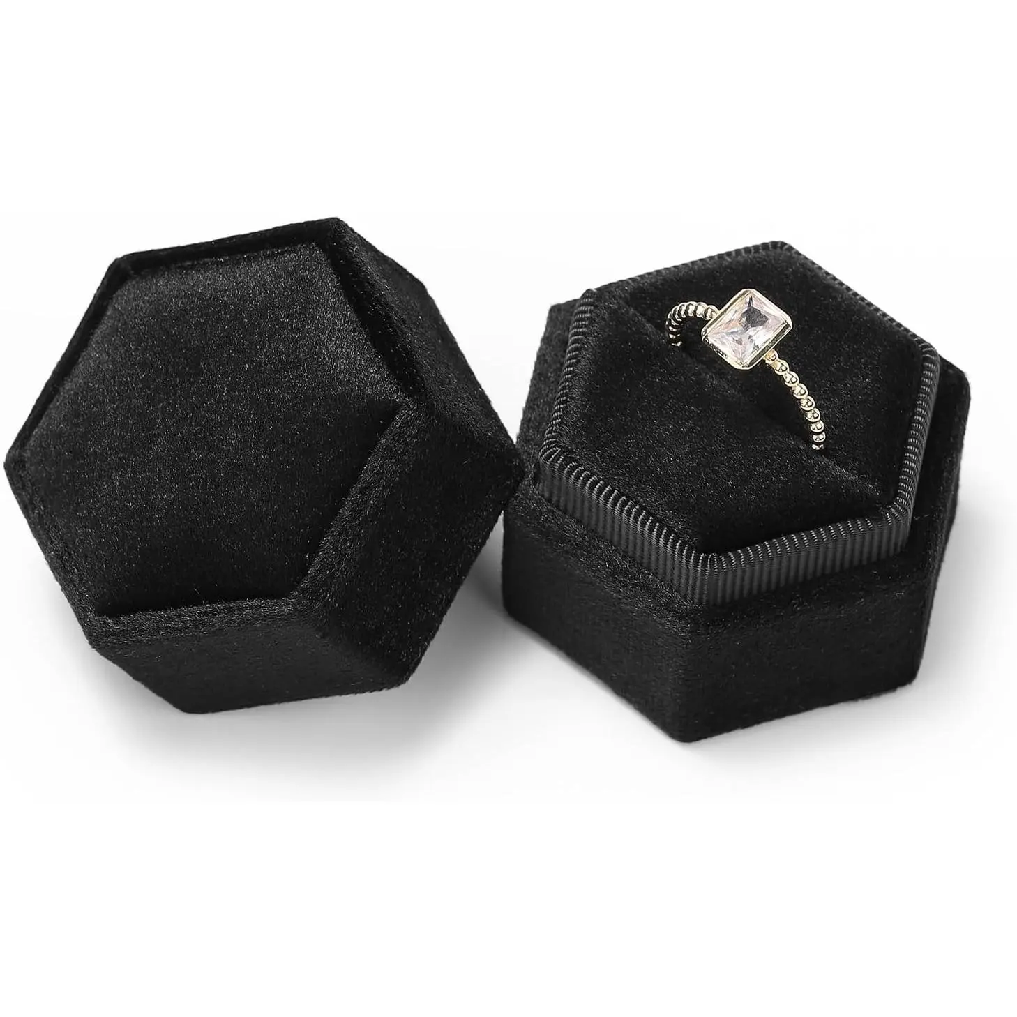 Ring Box -  Hexagon   Display Holder  Box with Detachable Lid for Wedding Ceremony Proposal Engagement (Black, 1 Slot)
