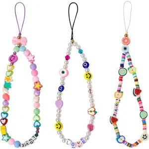 3 Pieces Smile Face Beaded Phone Lanyard Wrist Strap Fruit Star Letter Pearl Handmade Rainbow Polymer Clay Acrylic Beads Pearl Bracelet Keychain Women