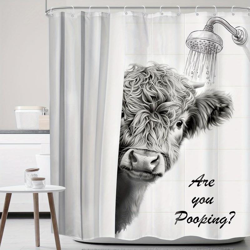 Funny Highland Cow Shower Curtain - "Are You Pooping?" Humorous Bathroom Decor, Rustic Farmhouse Design with Black & White Animal Print & Hooks Included for All-Season Use Bathroom Decor, Playful Text Design, Hooked Installation, Easy Maintenance Fabric
