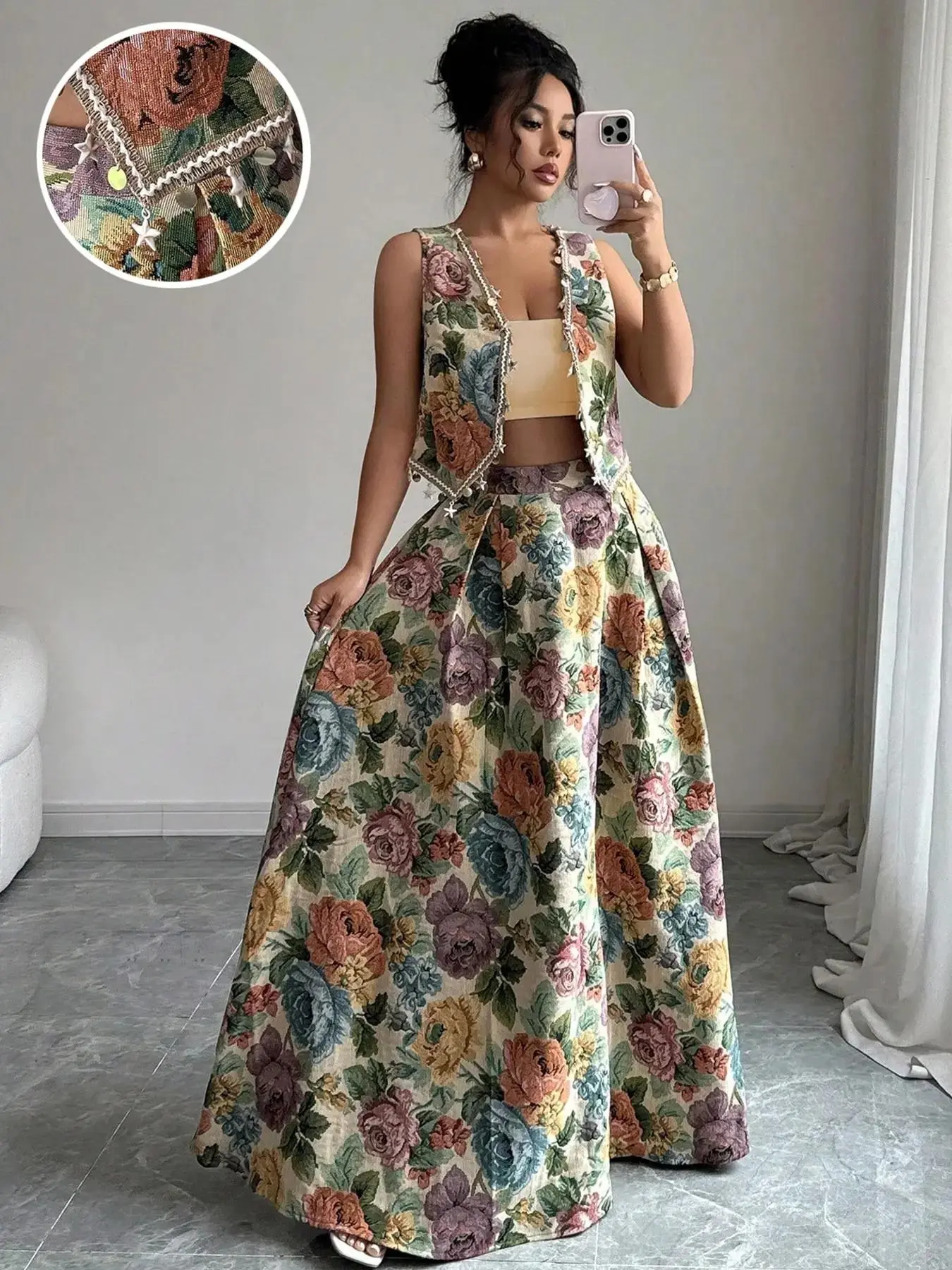 Vintage Floral Two-Piece Set, Star Trim Sleeveless Vest + High-Waisted Long Skirt, Heavy Woven Texture, Flattering Fit, Perfect for Vacations, Casual Outfit Set