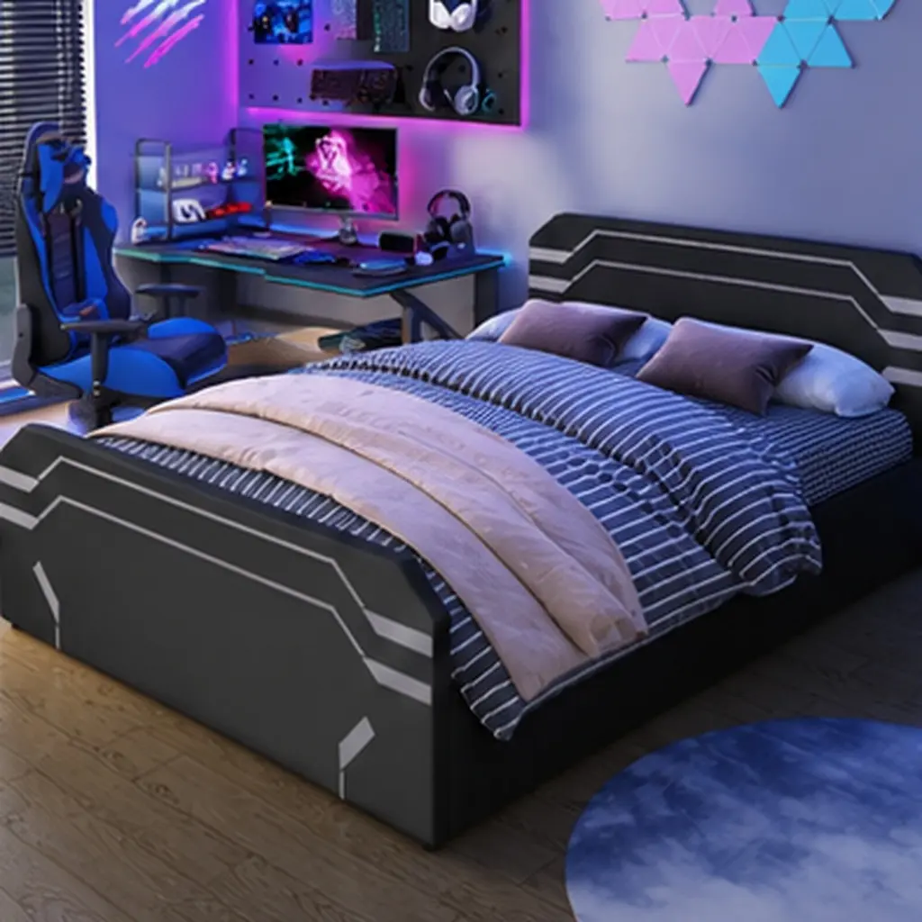 Cyberpunk ARCH Upholstered Gaming Queen Bed Frame - 62.60w x 85.40d x 34.80h inches, 115.22lb, Hydraulic Lift Storage Base, Futuristic Pattern, Black+Grey, Durable, No Box Spring Needed, Assembly Required, for Gamers’ Bedrooms