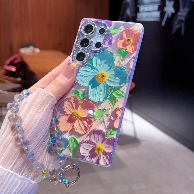 For S25/24/23/S22 blue light oil painting Green and Pink flower shell anti fall protective cover  HN201