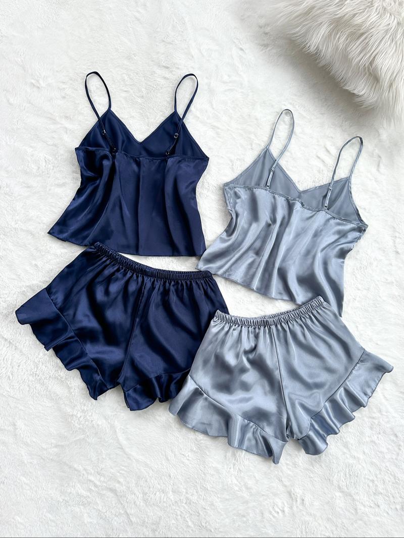 Women's Solid V Neck Cami Top & Elastic Waist Bow Decor Shorts Satin Pyjama Set, Elegant Adjustable Spaghetti Strap Camisole & Ruffle Hem Shorts PJ Set, Ladies Sleepwear for All Seasons, Camisole Sets