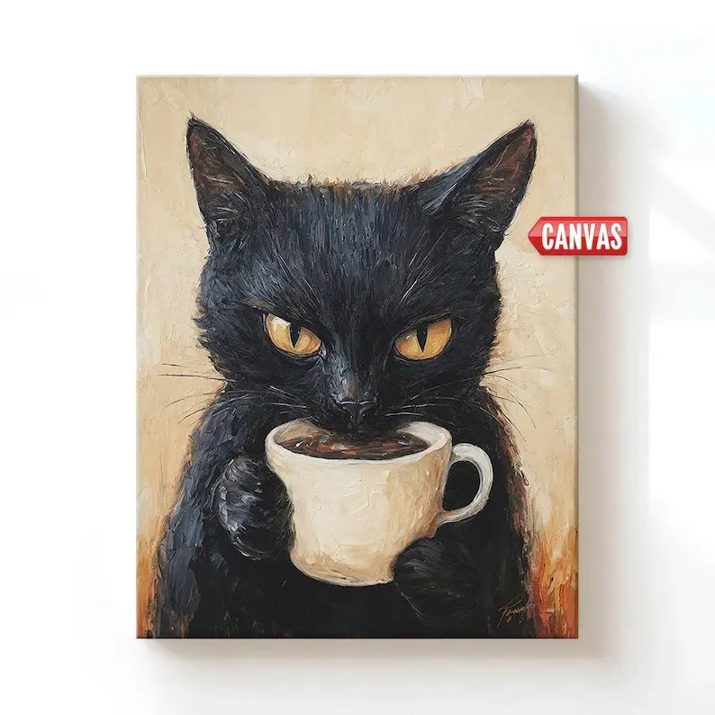 Black Cat Art Print - Oil Painting Cute Cat Lover Gift Whimsical Wall Decor Canvas Abstract Artwork Funny Coffee Poster Animal Vintage Style