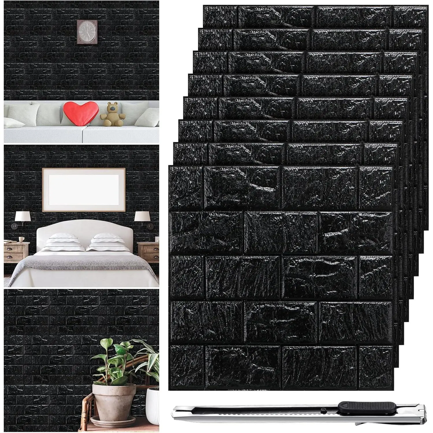 30 Pcs 28.81 Sq ft 3D Decorative Faux Brick Peel and Stick Foam Wall Panels Printable Self Adhesive Waterproof Tiles(Black)