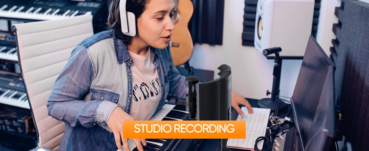 Studio Recording Microphone Isolation Shield with Pop Filter and Metal Tripod Stand, Studio Mic to PC Laptop Smartphone, Music Microphone for Recording Singing Podcasting