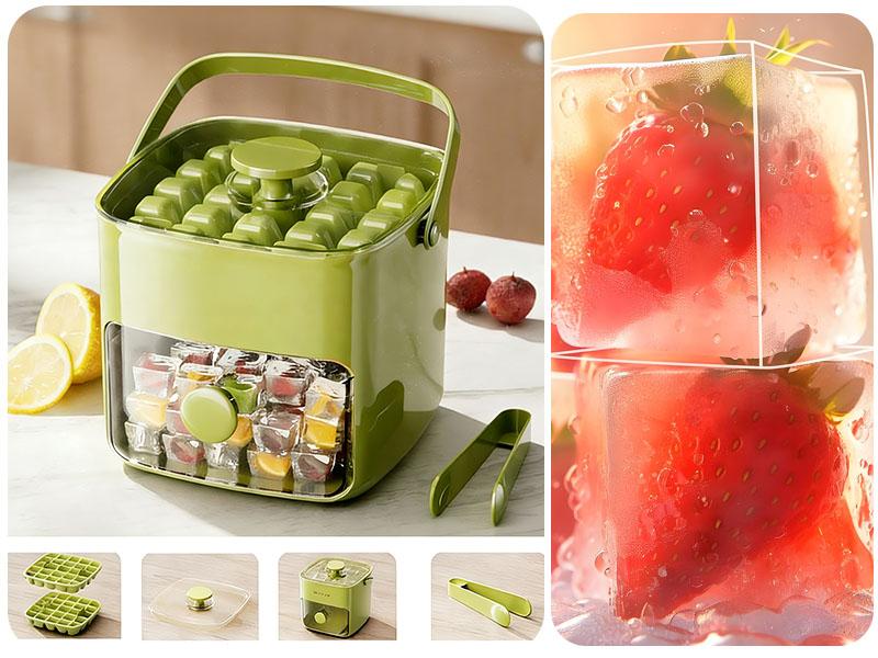 Plastic Ice Cube Trays with Bin and Scoop for Freezer, 2 Pack Easy-Release Sturdy Ice Tray with Lid, Stackable Ice Maker Set for Whiskey, Cocktails, Iced Coffee, BPA Free, White