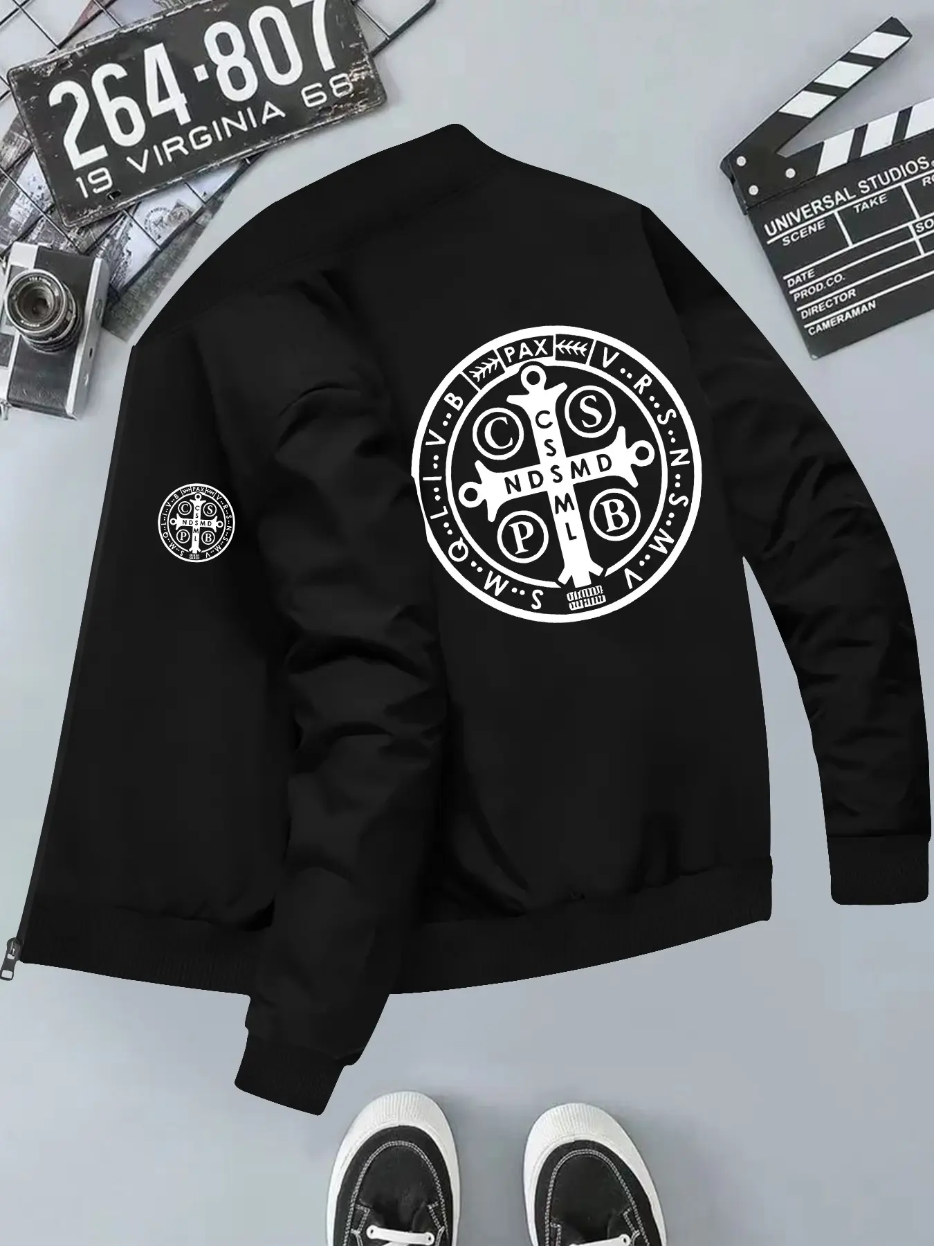 Saint Bernard Cross Print Men's Hooded Casual Jacket, Long Sleeve Loose-Fit Outerwear, Geometric Pattern, All Seasons
