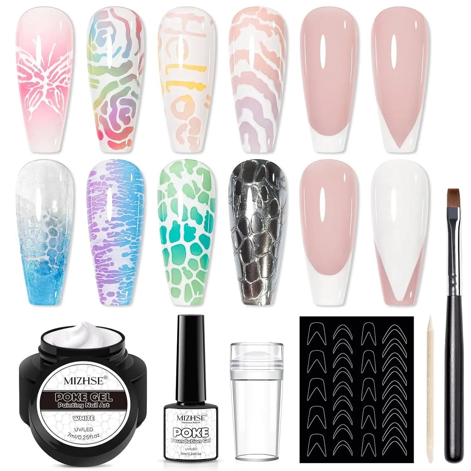White Poke Gel Nail Art Kit, with Professional Poke Foundation Gel and Brush Tool, Nail Stamper for French Nails, French Tip Nail Stickers Multifunctional Drawing Painting Nails Art Design