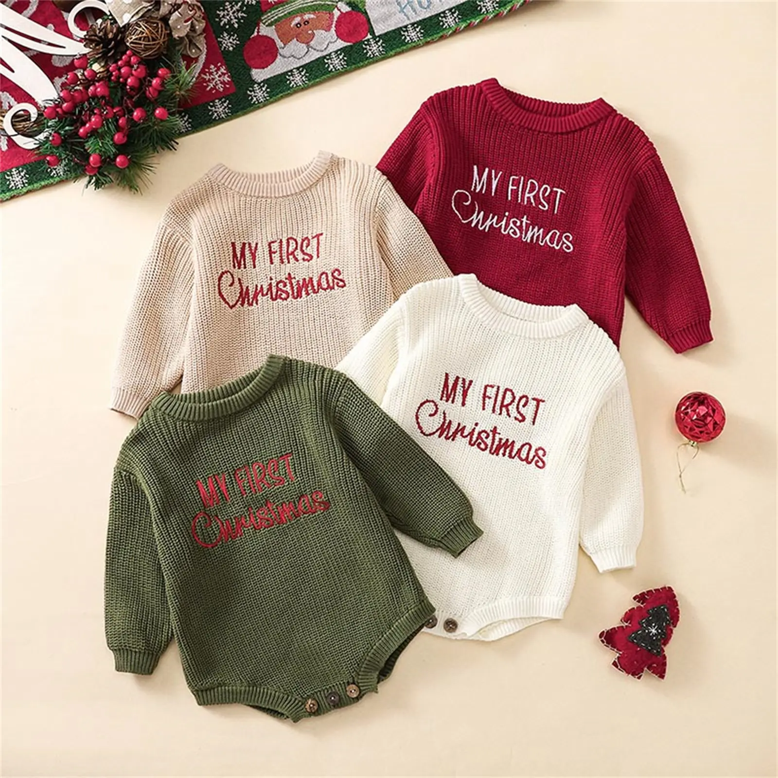 Ma&Baby My First Christmas Baby Outfit Girl Boy Christmas Sweater Bubble Romper Long Sleeve Jumpsuit Fall Winter Outfit