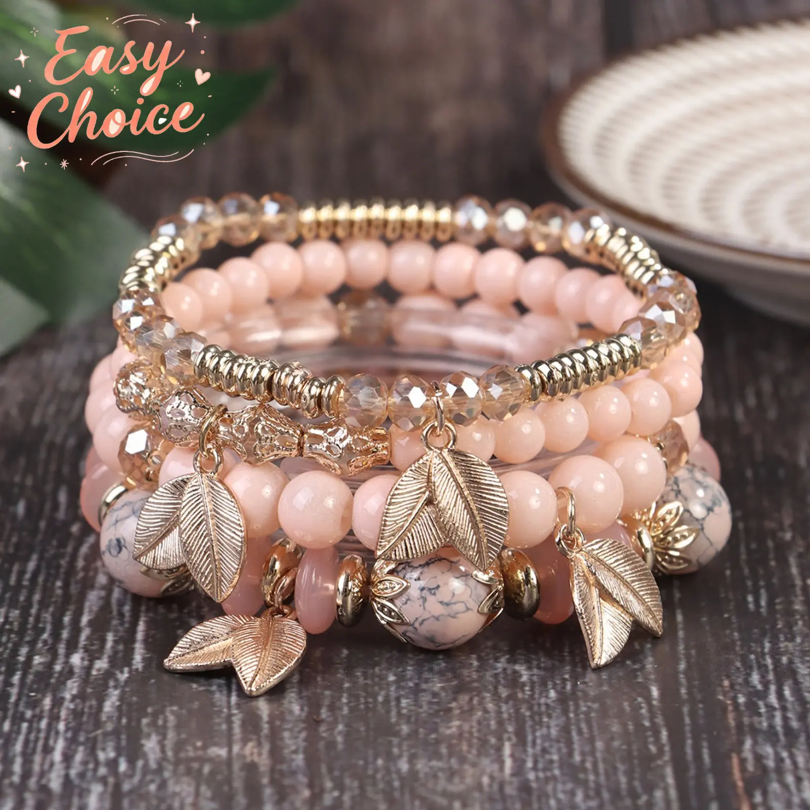 Boho Multi-Layer Stretch Beaded Bracelet for Women, Ethnic Leaf Pendant Stackable Wristband with Sparkly Crystal Beads, Vintage Bohemian Elastic String Jewelry, Trendy Daily Vacation Beach Matching Accessory