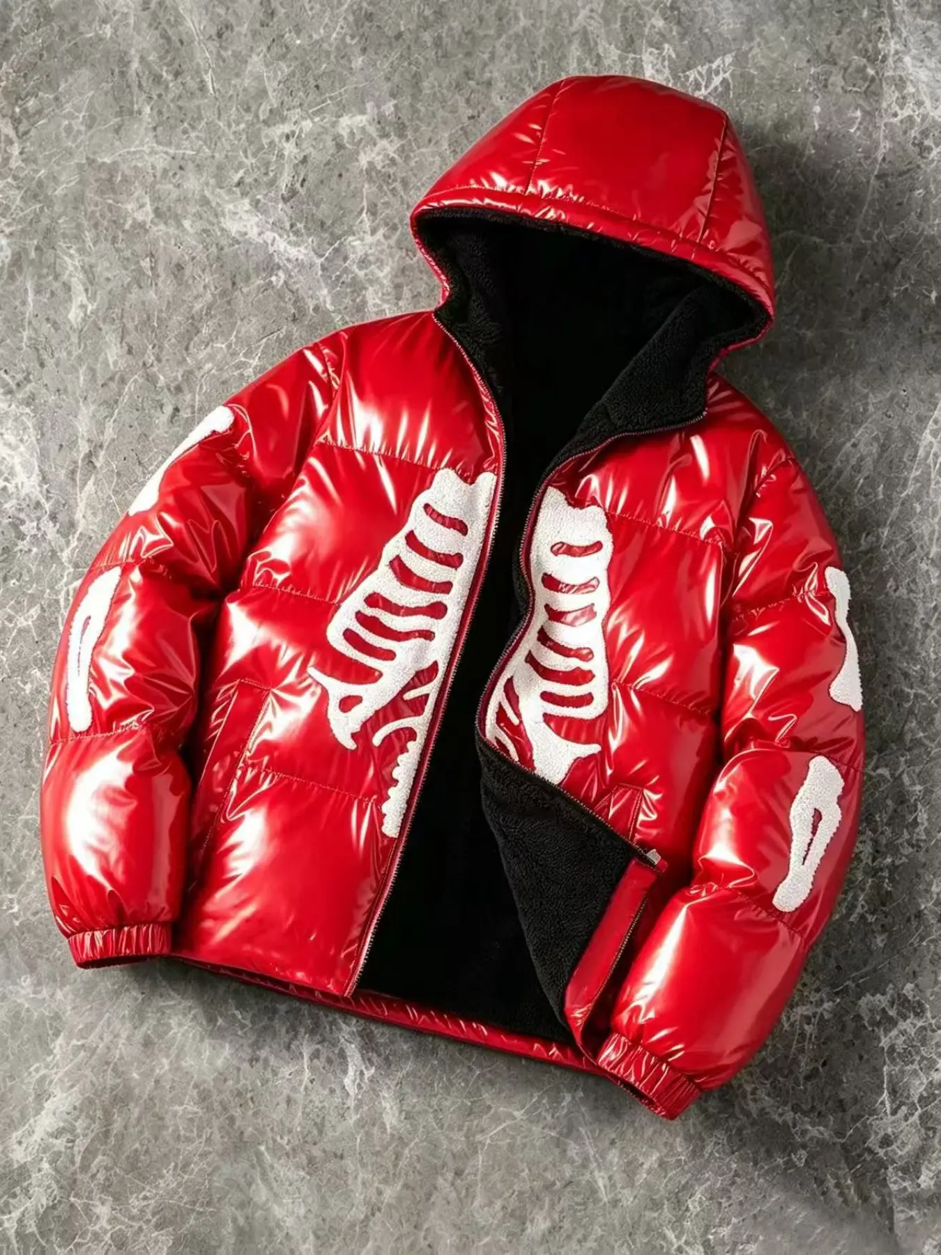 Men's Skull Embroidered Hooded Cotton Fashion Jacket, Thick Winter Streetwear, Warm and Comfortable, Trendy Winter Choice